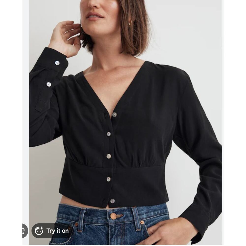 Madewell Lusterweave V-Neck Button Front Shirt Womens M Black Cropped NO457 - Picture 3 of 9